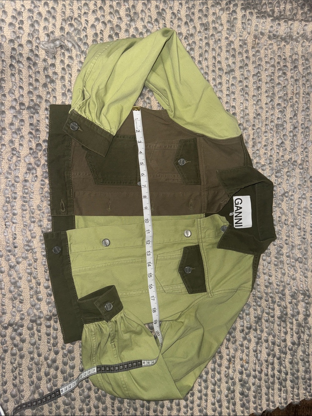 Ganni Two-Tone Olive and Lime Green Jean Jacket - Picture 5 of 11